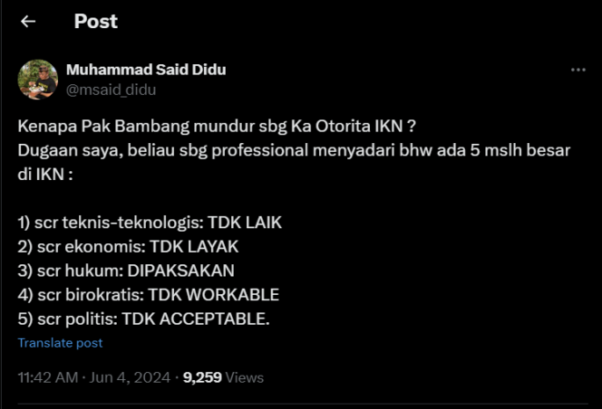 
					Tangkapan layar cuitan X Said Didu soal Kepala Badan Otorita IKN yang mengundurkan diri/ X @msaid_didu
