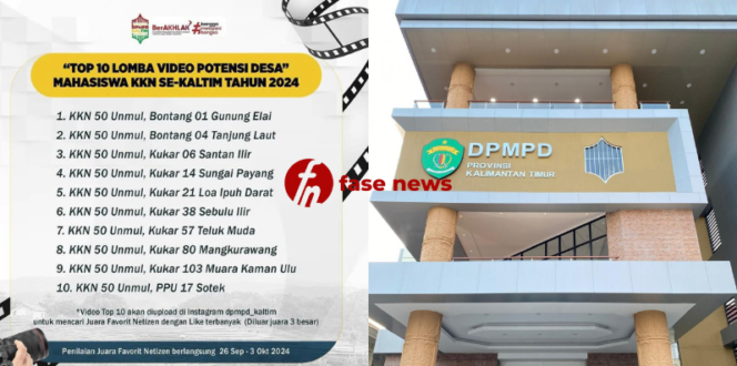 
					Kolase Foto Daftar Top 10 Lomba Video Potensi Desa Mahasiswa KKN se-Kaltim Tahun 2024 dan Potret Gedung DPMPD Kaltim/FASENEWS.ID