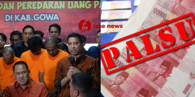 
					Kolase Foto, Para Tersangka di Konferensi Pers dan Ilustrasi Uang Palsu/ Foto: FASENEWS.ID