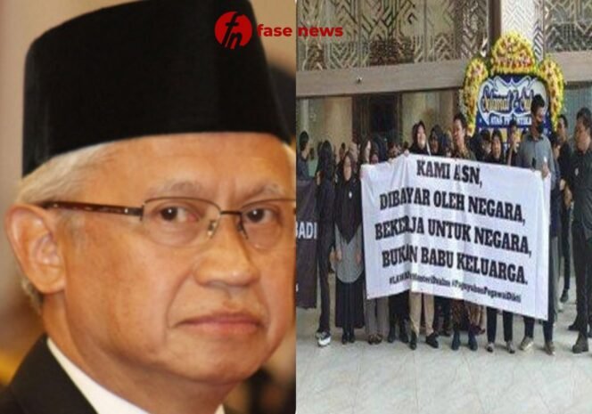 
					Kolase aksi demo dan potret Menteri Satryo/ fasenews.id