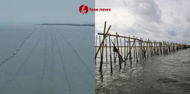 
					Kolase foto pagar laut misterius sepanjang 30,16 kilometer di perairan Tangerang, Banten (Foto: Fasenews.id)