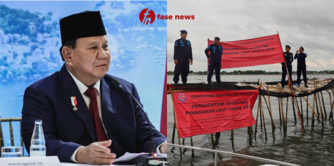 
					Kolase Foto Presiden Prabowo dan KKP Segel Pagar Laut Tanpa Izin di Tangerang (Foto: Fasenews.id)