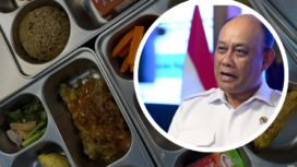 Kolase foto Kepala Badan Gizi Nasional (BGN), Dadan Hindayana dengan menu MBG